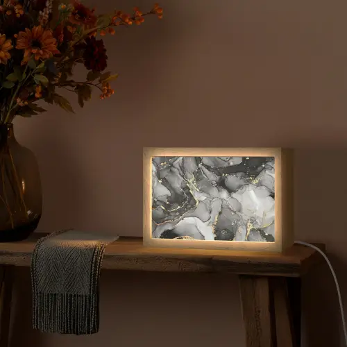 Marmer - Zwart - Goud - Grijs Light Box met kabel (Tafellamp) klein -sfeer4