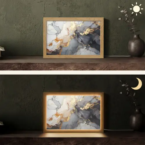 Marmer - Zwart - Goud - Wit Light Box met kabel (Tafellamp) klein -sfeer3