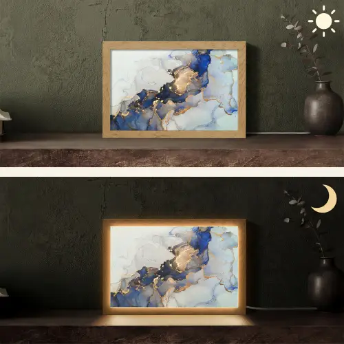 Marmer - Blauw - Goud Light Box met kabel (Tafellamp) klein -sfeer3