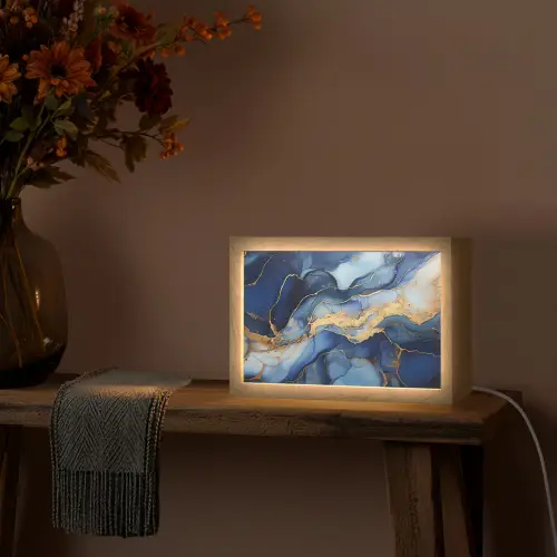 Marmer - Blauw - Goud - Abstract Light Box met kabel (Tafellamp) klein -sfeer4