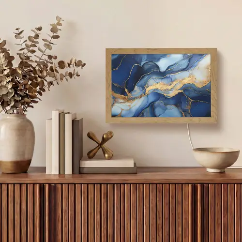 Marmer - Blauw - Goud - Abstract Light Box met kabel (Tafellamp) klein -sfeer2