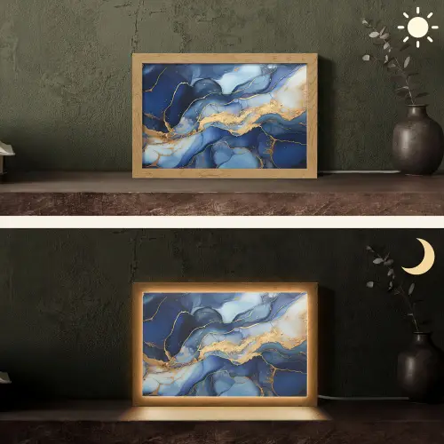 Marmer - Blauw - Goud - Abstract Light Box met kabel (Tafellamp) klein -sfeer3