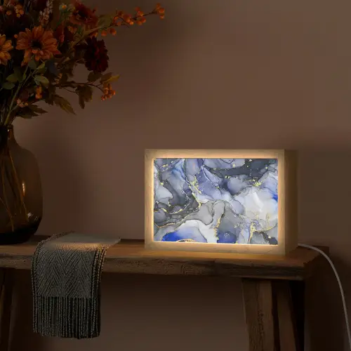 Marmer - Goud - Abstract - Blauw Light Box met kabel (Tafellamp) klein -sfeer4