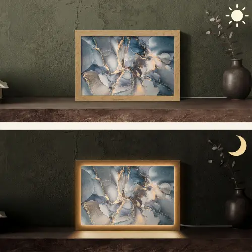 Marmer - Grijs - Blauw - Luxe - Goud Light Box met kabel (Tafellamp) klein -sfeer3