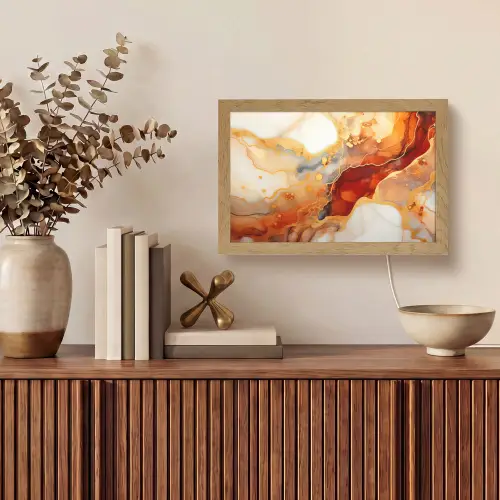 Marmer - Oranje - Goud - Modern - Abstract Light Box met kabel (Tafellamp) klein -sfeer2