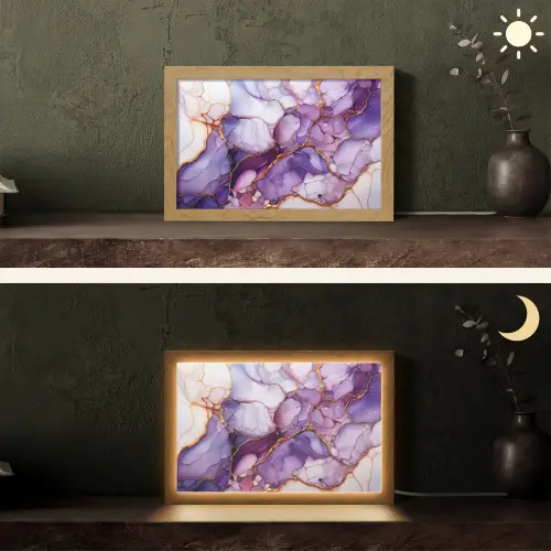 Marmer - Paars - Lila - Goud Light Box met kabel (Tafellamp) klein -sfeer3