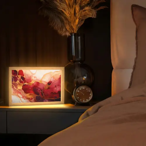 Marmer - Rood - Goud - Modern - Abstract Light Box met kabel (Tafellamp) klein -sfeer1