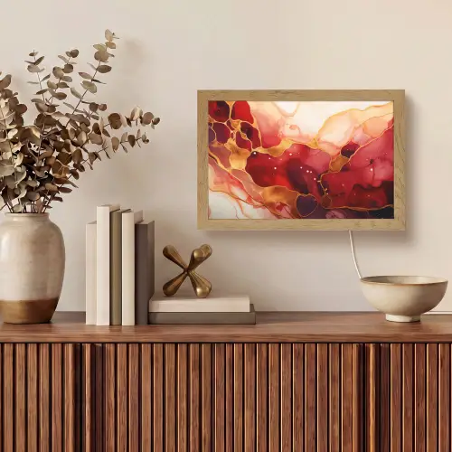 Marmer - Rood - Goud - Modern - Abstract Light Box met kabel (Tafellamp) klein -sfeer2