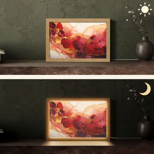 Marmer - Rood - Goud - Modern - Abstract Light Box met kabel (Tafellamp) klein -sfeer3
