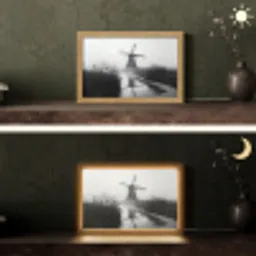 Molen - Weerspiegeling - Landschap - Water Light Box met kabel (Tafellamp) klein -sfeer3