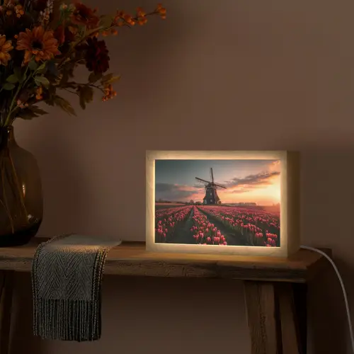 Molen - Zonsondergang - Tulpen - Rood Light Box met kabel (Tafellamp) klein -sfeer4