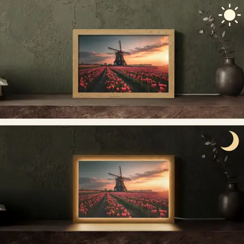 Molen - Zonsondergang - Tulpen - Rood Light Box met kabel (Tafellamp) klein -sfeer3