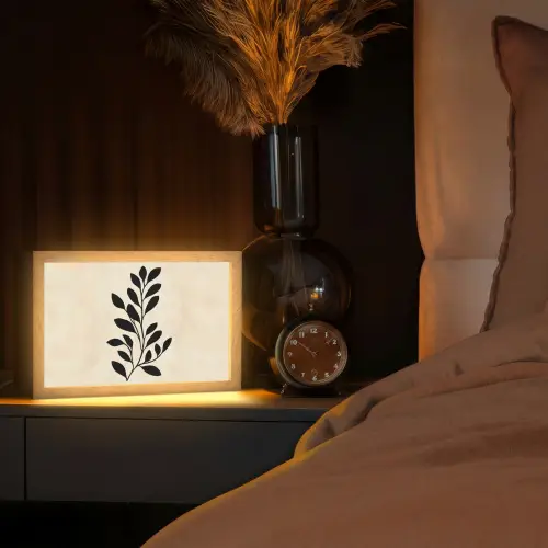 Minimalistisch - Tak - Bladeren - Zwart Light Box met kabel (Tafellamp) klein -sfeer1