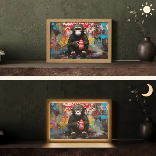 Aap - Graffiti - Dieren - Kunst - Flesje - Kleuren Light Box met kabel (Tafellamp) klein -sfeer3