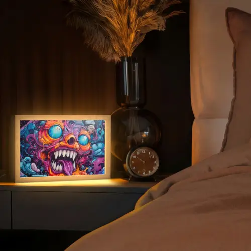 Monster - Graffiti - Kleuren - Oranje Light Box met kabel (Tafellamp) klein -sfeer1