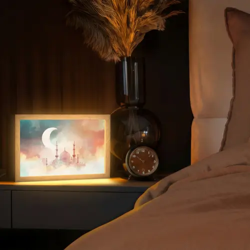 Moskee - Kleurrijke wolken - Arabisch - Ramadan - Islamitische Light Box met kabel (Tafellamp) klein -sfeer1