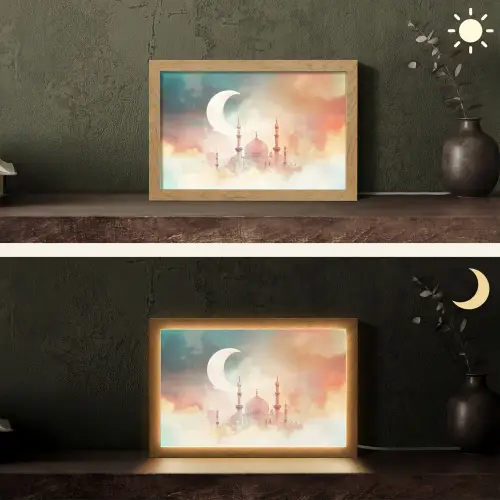 Moskee - Kleurrijke wolken - Arabisch - Ramadan - Islamitische Light Box met kabel (Tafellamp) klein -sfeer3