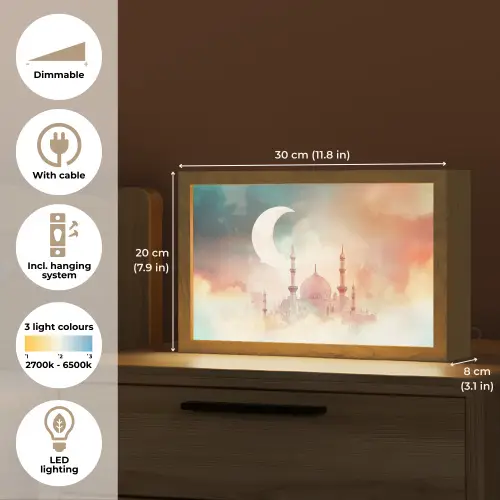 Moskee - Kleurrijke wolken - Arabisch - Ramadan - Islamitische Light Box met kabel (Tafellamp) klein -USP_EN