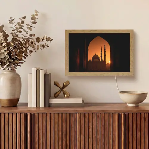Moskee - Oranje lucht - Islamitisch Light Box met kabel (Tafellamp) klein -sfeer2