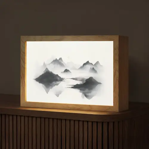 Bergen - Mistig - Water - Wit Light Box met kabel (Tafellamp) klein -z3d_website