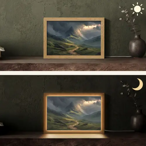 Bergen - Kronkelpad - Groen - Wolken Light Box met kabel (Tafellamp) klein -sfeer3