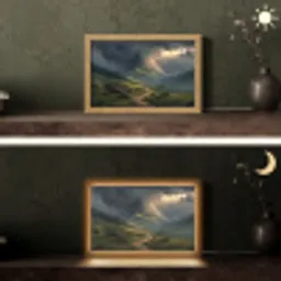 Bergen - Kronkelpad - Groen - Wolken Light Box met kabel (Tafellamp) klein -sfeer3
