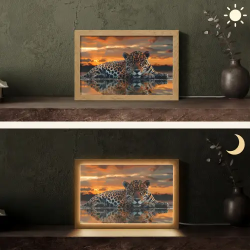 Natuur - Luipaard - Dier - Zonsondergang - Modern Light Box met kabel (Tafellamp) klein -sfeer3