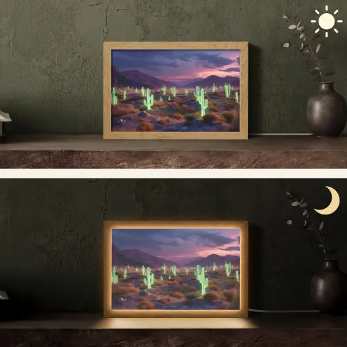 Neon cactussen - Woestijn - Zonsondergang Light Box met kabel (Tafellamp) klein -sfeer3
