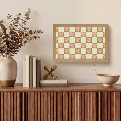 Olijfgroen - Hartjes - Patroon - Retro Light Box met kabel (Tafellamp) klein 924 -sfeer2