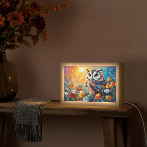 Uil - Bloemen - Kunst - Zonsondergang Light Box met kabel (Tafellamp) klein -sfeer4