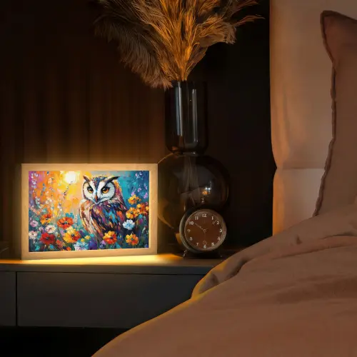 Uil - Bloemen - Kunst - Zonsondergang Light Box met kabel (Tafellamp) klein -sfeer1