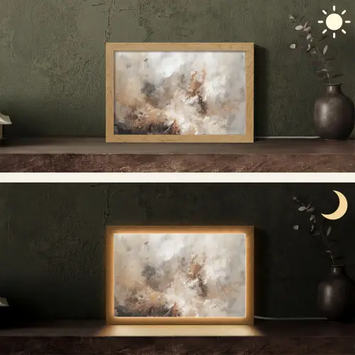 Verf - Abstract - Beige - Kunst Light Box met kabel (Tafellamp) klein -sfeer3