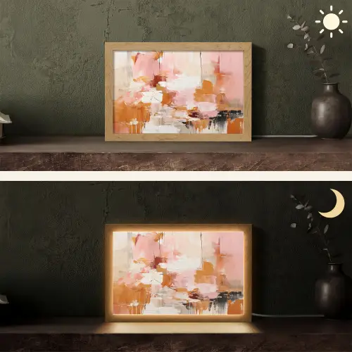 Verf - Roze - Oranje - Abstract - Kunst Light Box met kabel (Tafellamp) klein -sfeer3