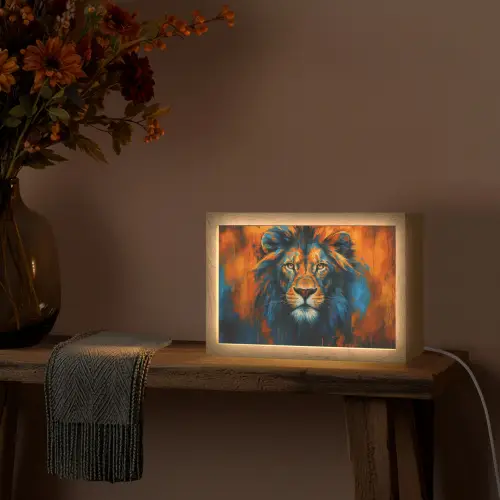 Schilderij - Leeuwenkop - Oranje Light Box met kabel (Tafellamp) klein -sfeer4