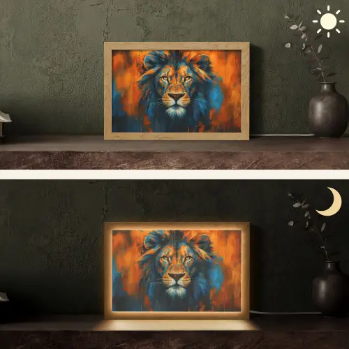 Schilderij - Leeuwenkop - Oranje Light Box met kabel (Tafellamp) klein -sfeer3
