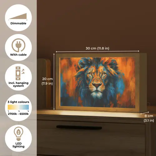 Schilderij - Leeuwenkop - Oranje Light Box met kabel (Tafellamp) klein -USP_EN