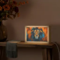 Schilderij - Leeuwenkop - Oranje Light Box met kabel (Tafellamp) klein -sfeer4