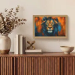 Schilderij - Leeuwenkop - Oranje Light Box met kabel (Tafellamp) klein -sfeer2