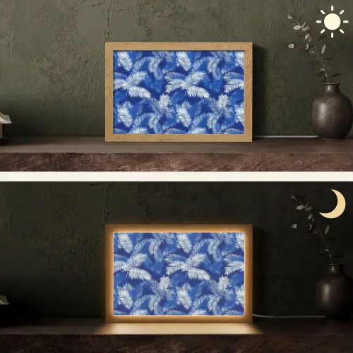 Palmblad - Patroon - Blauw Light Box met kabel (Tafellamp) klein 924 -sfeer3