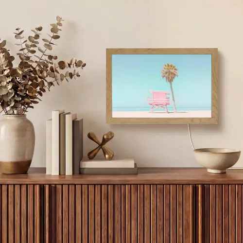 Palmboom - Strandhuis - Roze Light Box met kabel (Tafellamp) klein -sfeer2
