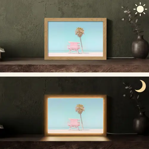 Palmboom - Strandhuis - Roze Light Box met kabel (Tafellamp) klein -sfeer3