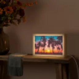 Palmboom - Zonsondergang - Horizon - Strand - Oranje - Roze Light Box met kabel (Tafellamp) klein -sfeer4