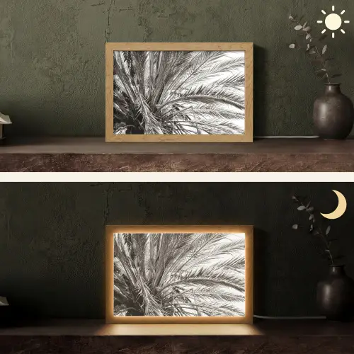Palmboom - Tropisch - Zwart - Wit Light Box met kabel (Tafellamp) klein -sfeer3