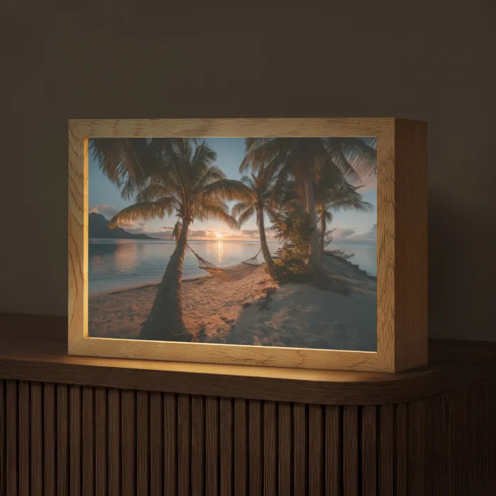 Palmbomen - Hangmat - Strand - Zonsondergang Light Box met kabel (Tafellamp) klein -z3d_website