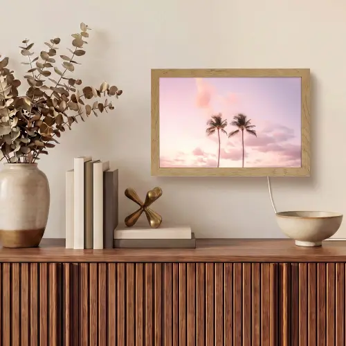 Palmbomen - Paars - Wolken - Lucht Light Box met kabel (Tafellamp) klein -sfeer2