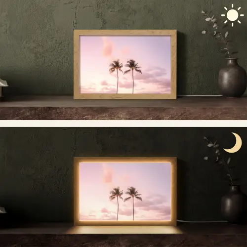 Palmbomen - Paars - Wolken - Lucht Light Box met kabel (Tafellamp) klein -sfeer3