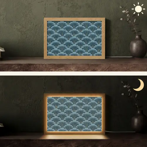 Patroon - Ginkgoblad - Blauw Light Box met kabel (Tafellamp) klein 924 -sfeer3