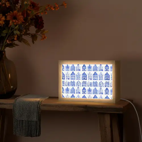 Patroon - Huizen - Blauw Light Box met kabel (Tafellamp) klein 924 -sfeer4