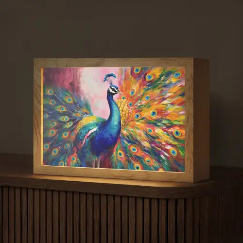 Pauw - Dieren - Schilderij - Regenboog Light Box met kabel (Tafellamp) klein -z3d_website