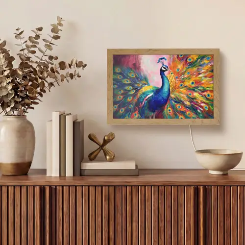 Pauw - Dieren - Schilderij - Regenboog Light Box met kabel (Tafellamp) klein -sfeer2